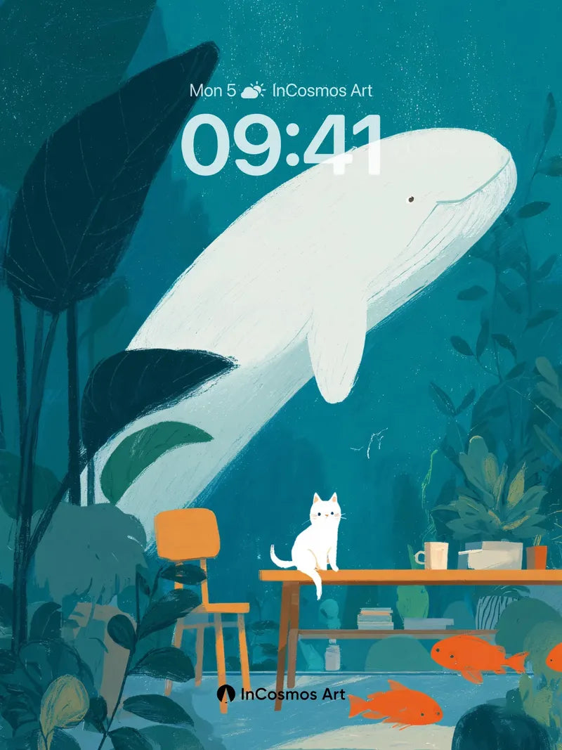 Whispering Depths Wallpaper with Floating Cat wallpaper for iPhone, iPad & Mac