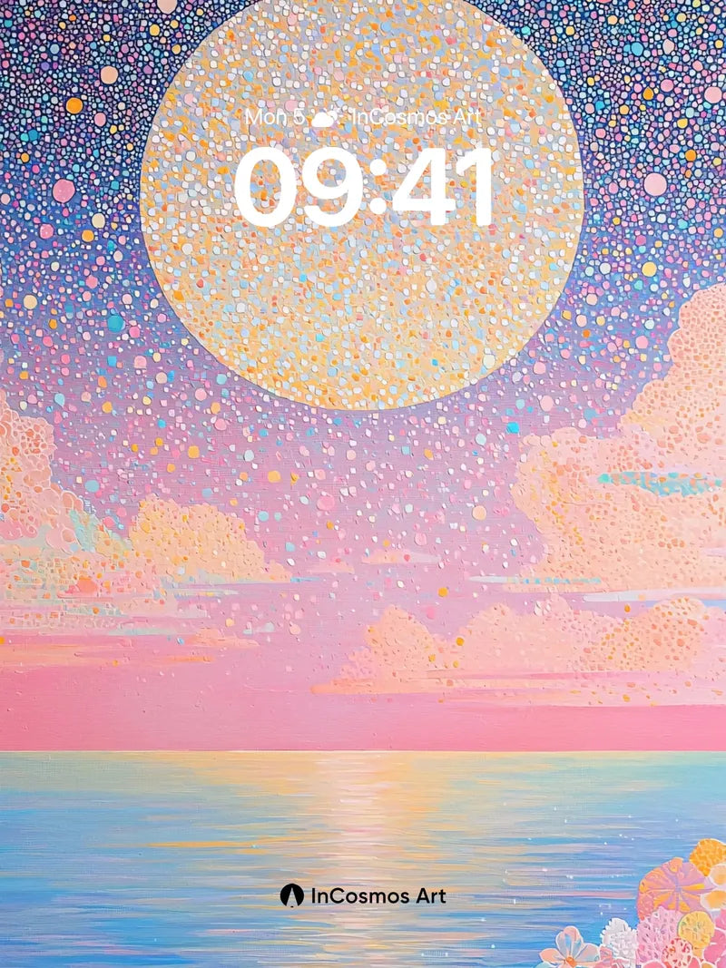 Luminous Moonlit Sea Wallpaper with Polka-Dot Cosmos