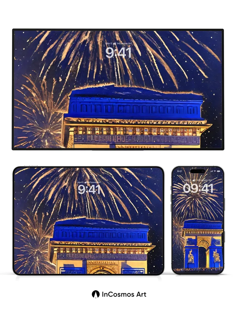 Celestial Arc Wallpaper with Golden Fireworks