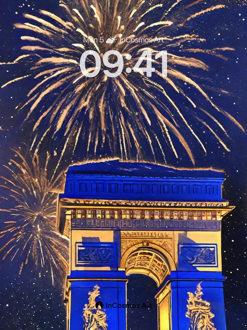 Celestial Arc Wallpaper with Golden Fireworks