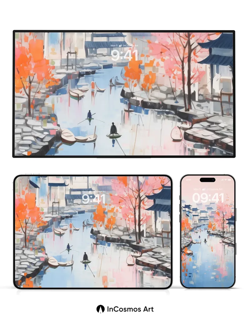 Serene Waterway Wallpaper with Autumn Reflections