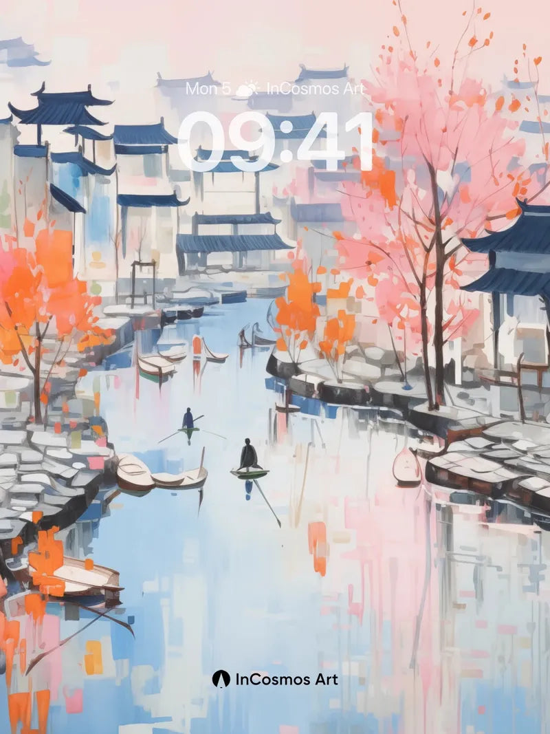 Serene Waterway Wallpaper with Autumn Reflections