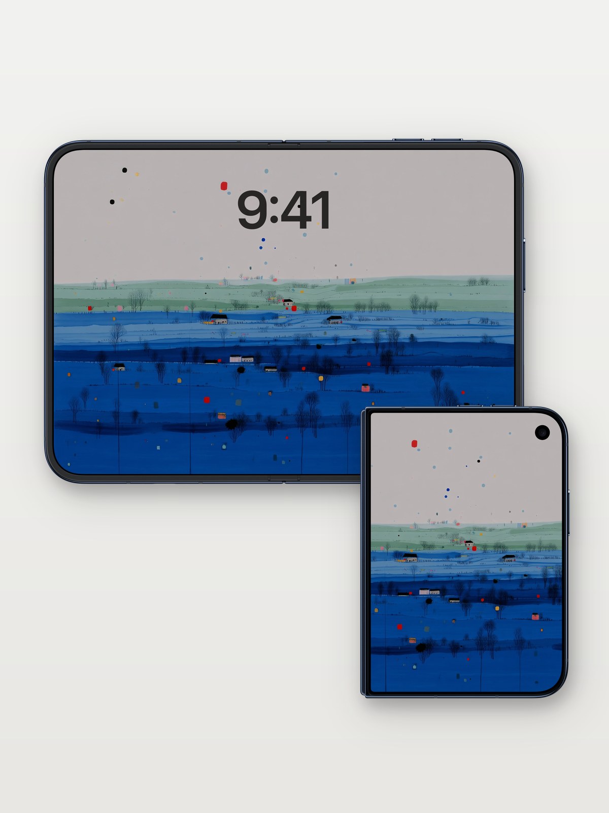 Abstract Blue Horizon Wallpaper on iPhone Duo, open and closed