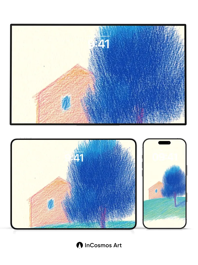 Serene Blue Tree Wallpaper with Soft Orange Hut