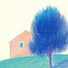 Serene Blue Tree Wallpaper with Soft Orange Hut wallpaper for iPhone, iPad & Mac