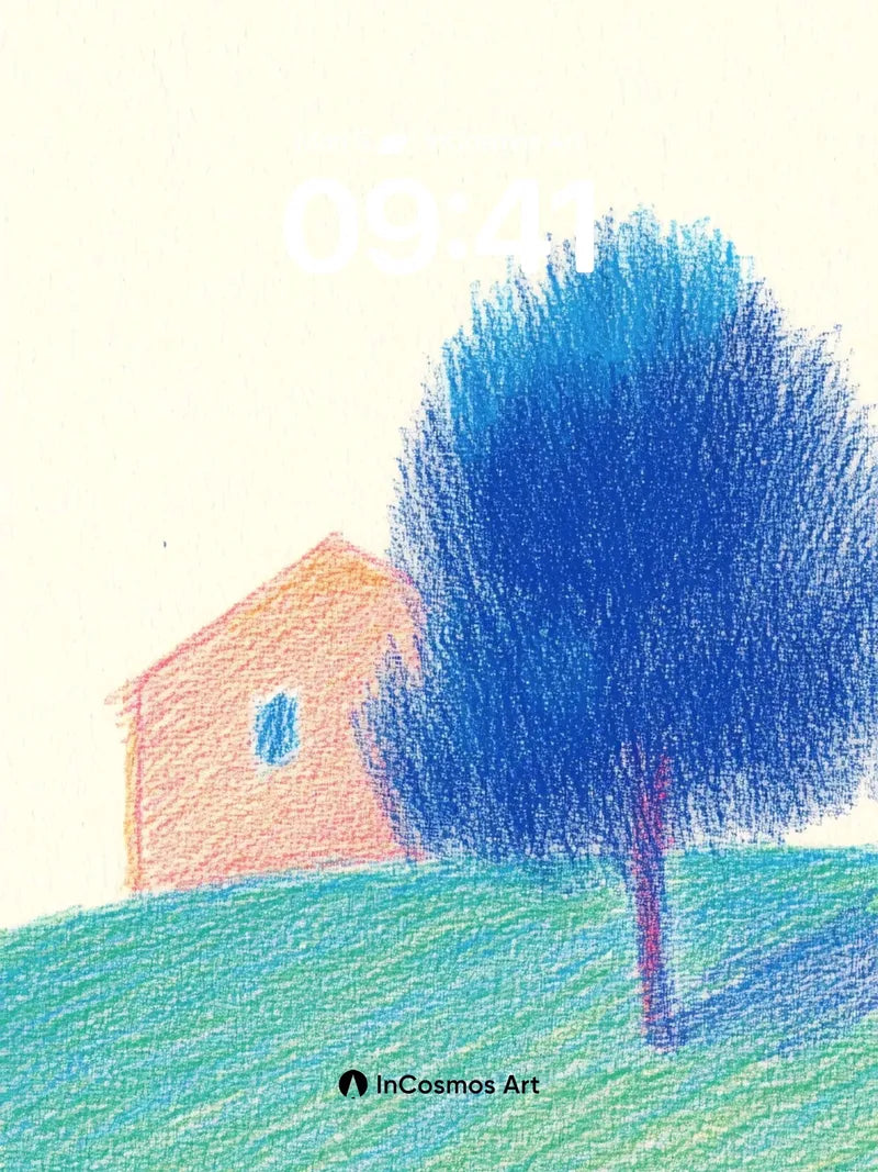 Serene Blue Tree Wallpaper with Soft Orange Hut