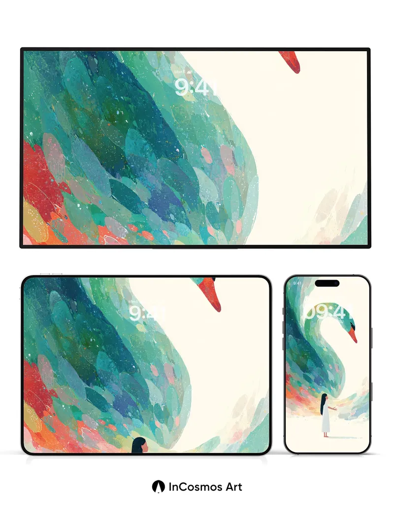 Serenity Swan Wallpaper with Cosmic Feathers