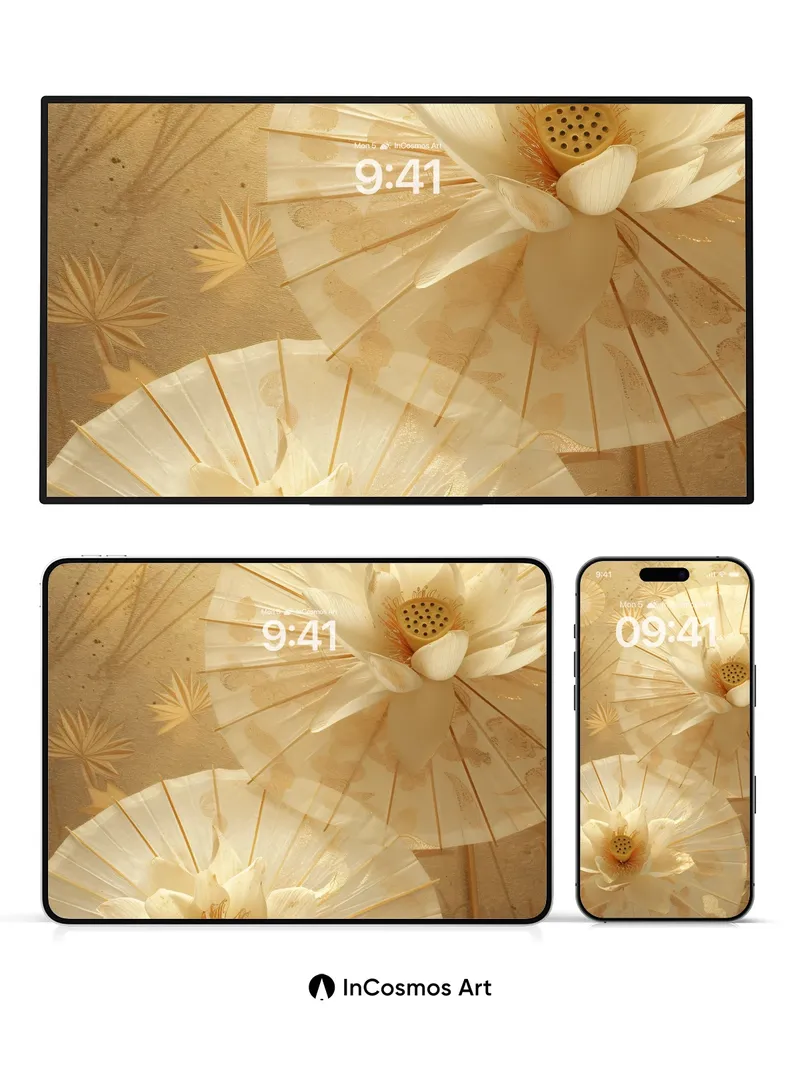 Golden Hush Wallpaper with Lotus Umbrellas