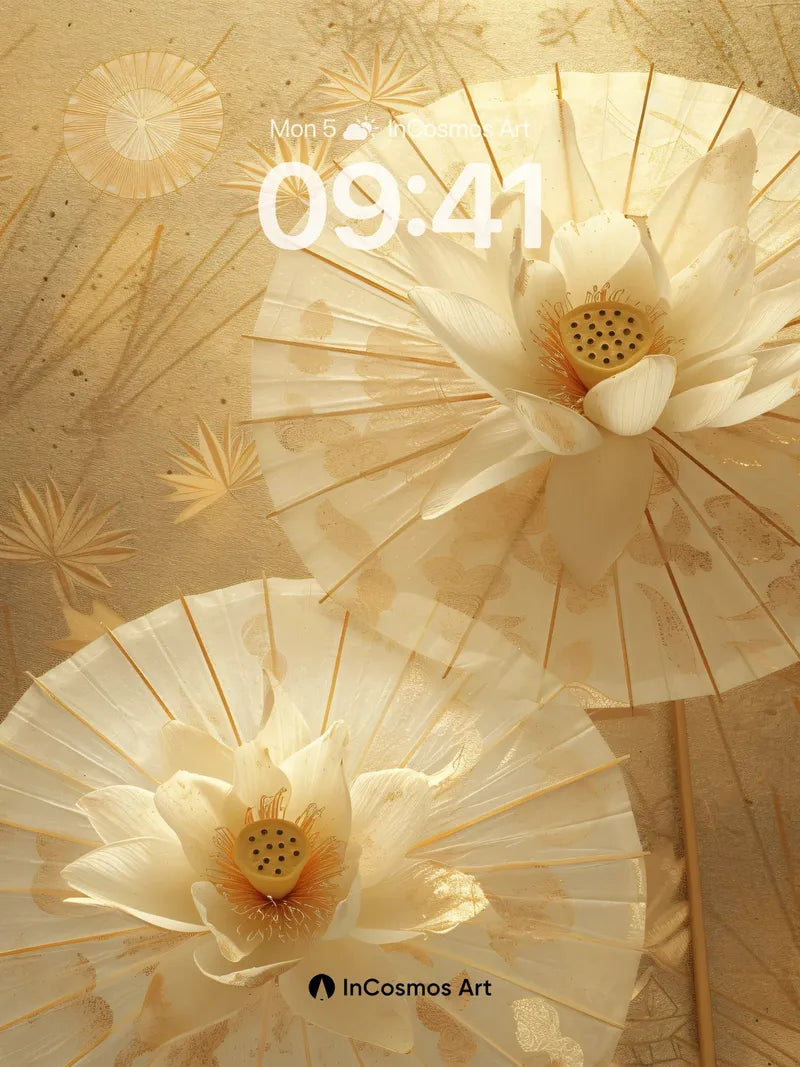 Golden Hush Wallpaper with Lotus Umbrellas
