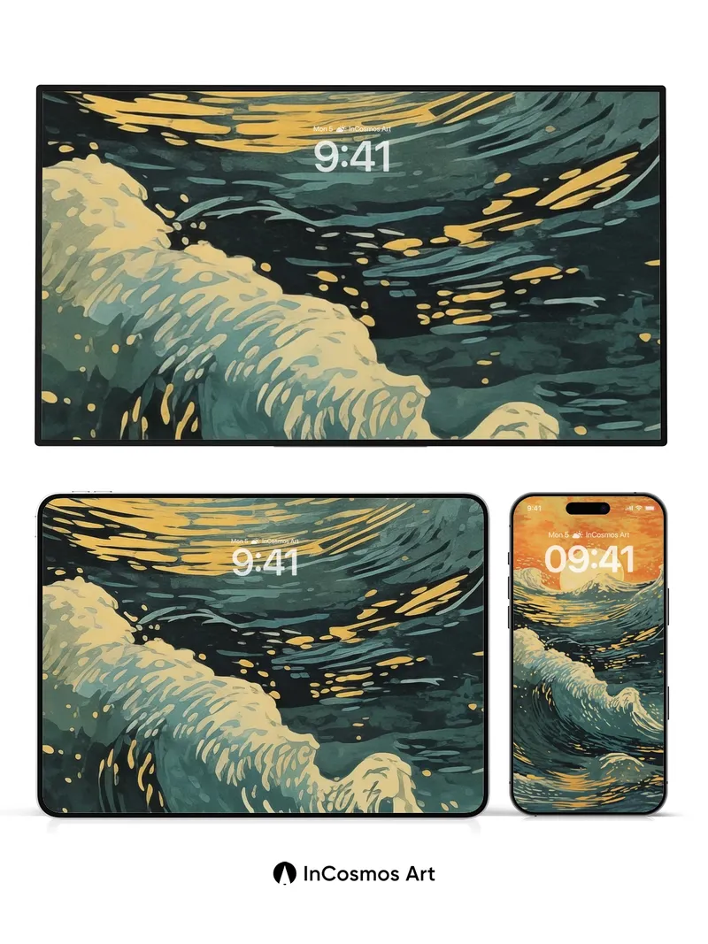 Golden Surge Wallpaper with Hokusai Waves