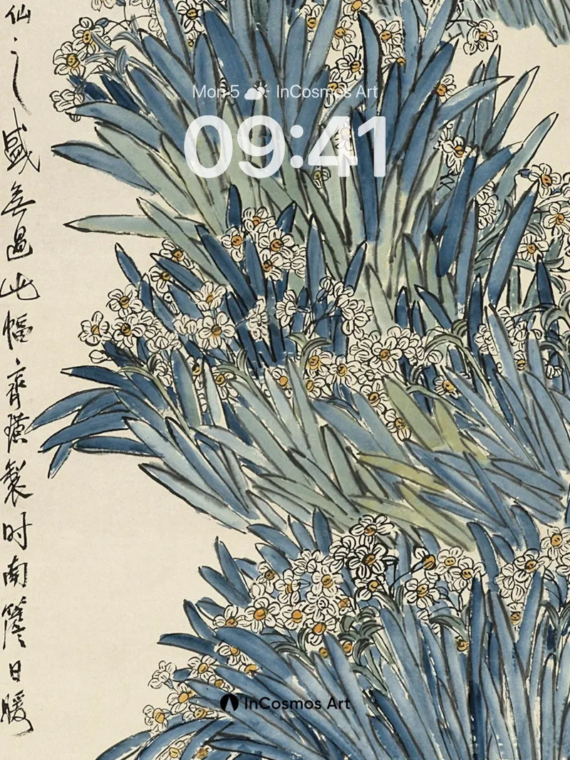 Serenity of Blue Leaves Wallpaper with Delicate Blossoms