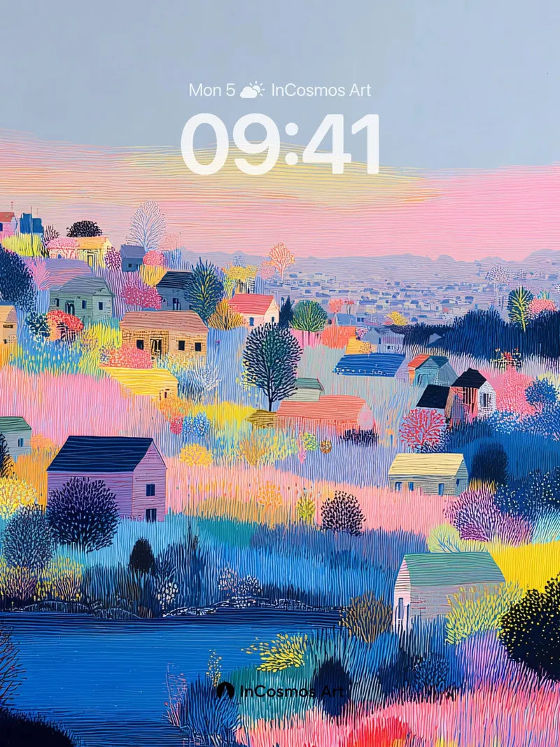 Pastel Village Dream Wallpaper with Textured Light wallpaper for iPhone, iPad & Mac