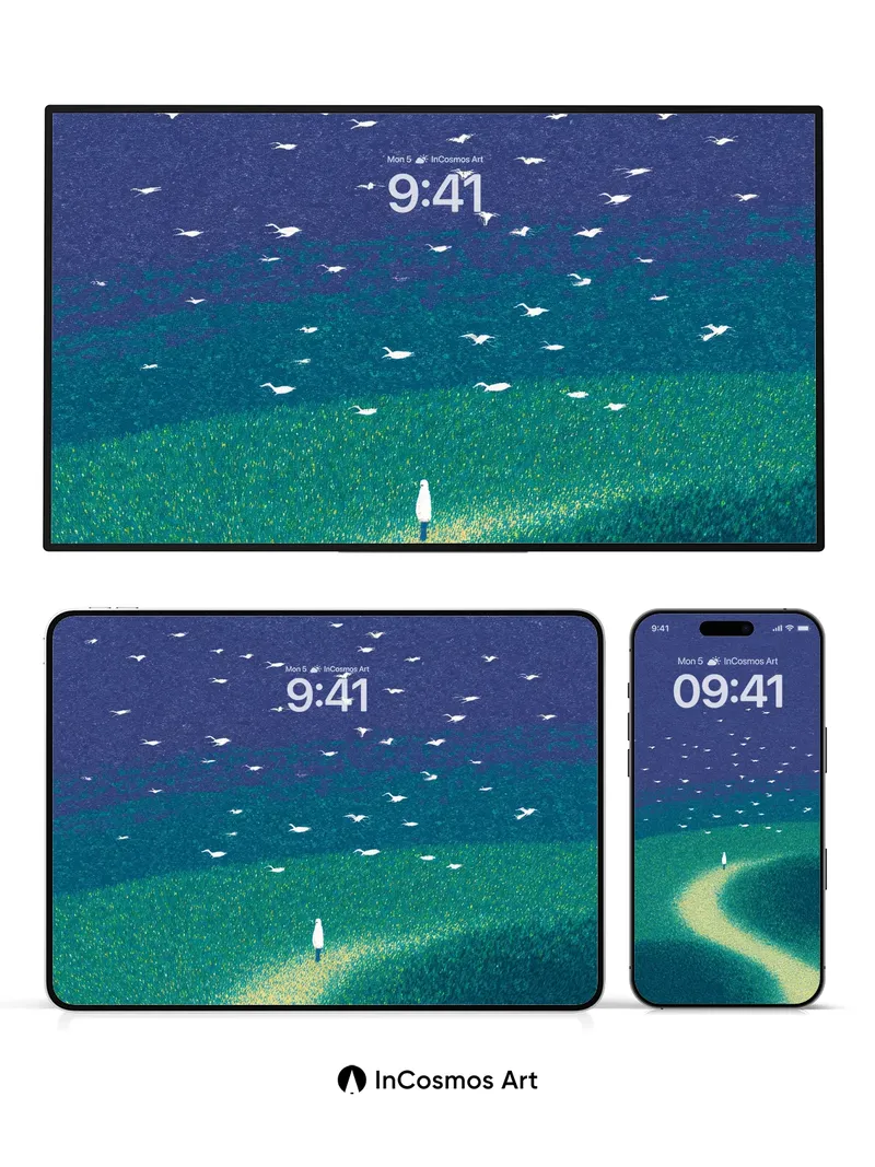 Serenity Path Wallpaper with Floating Birds