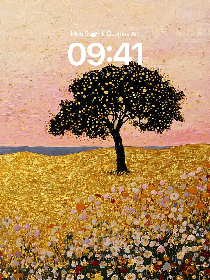 Golden Field Wallpaper with Starlit Tree