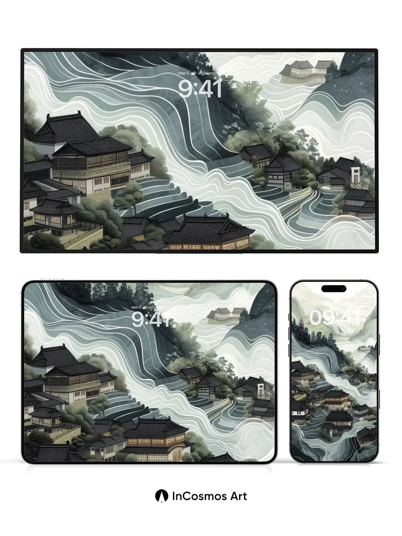 Serenity Riverflow Wallpaper with Inked Peaks