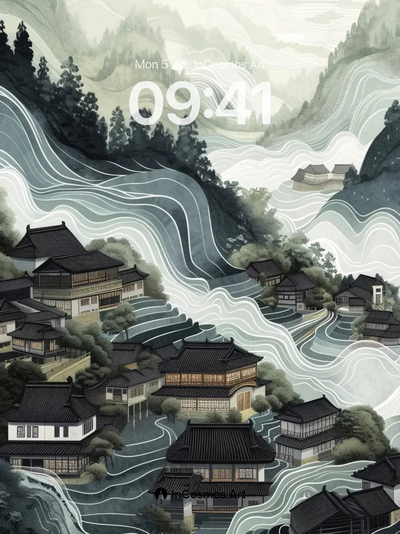 Serenity Riverflow Wallpaper with Inked Peaks