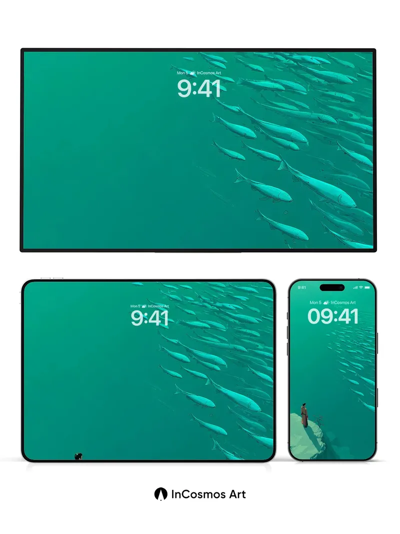 Serenity Ocean Wallpaper with Floating Fish Trail