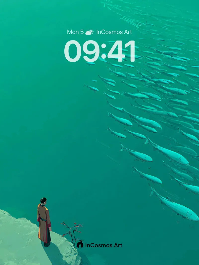 Serenity Ocean Wallpaper with Floating Fish Trail