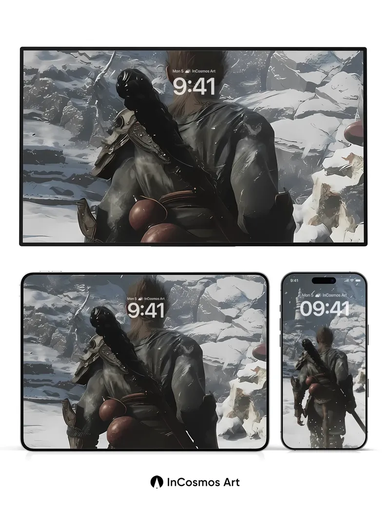 Frostbound Warrior Wallpaper with Snowfall Echo