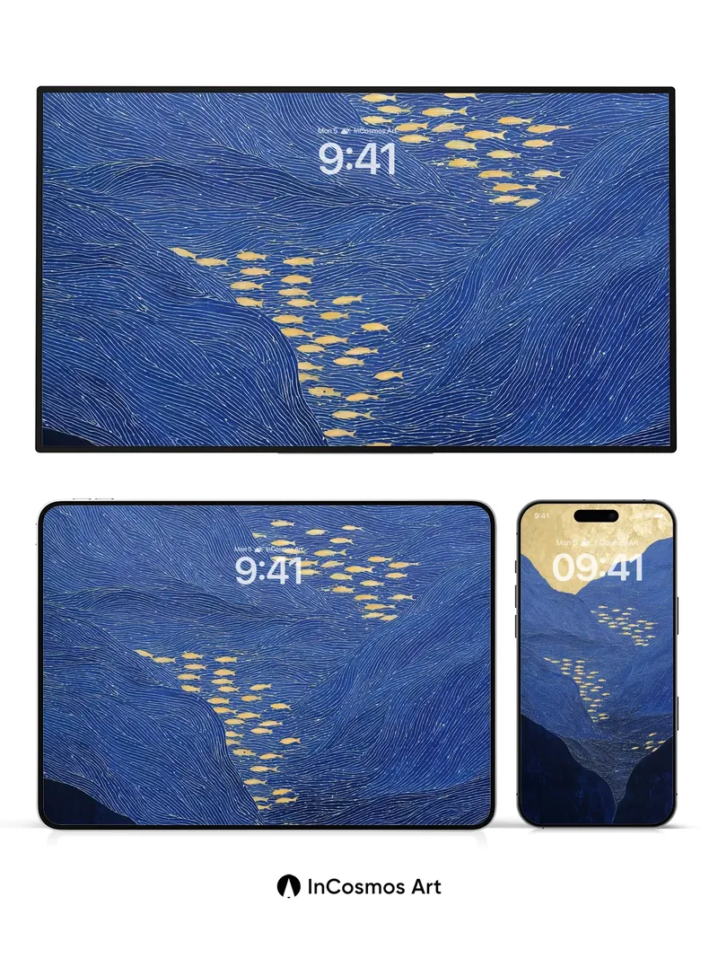 Golden Currents Wallpaper with Indigo Waves