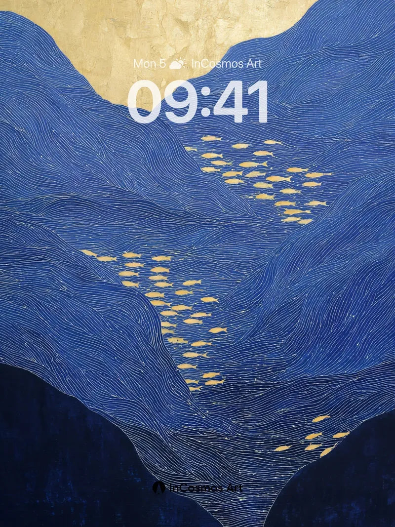 Golden Currents Wallpaper with Indigo Waves