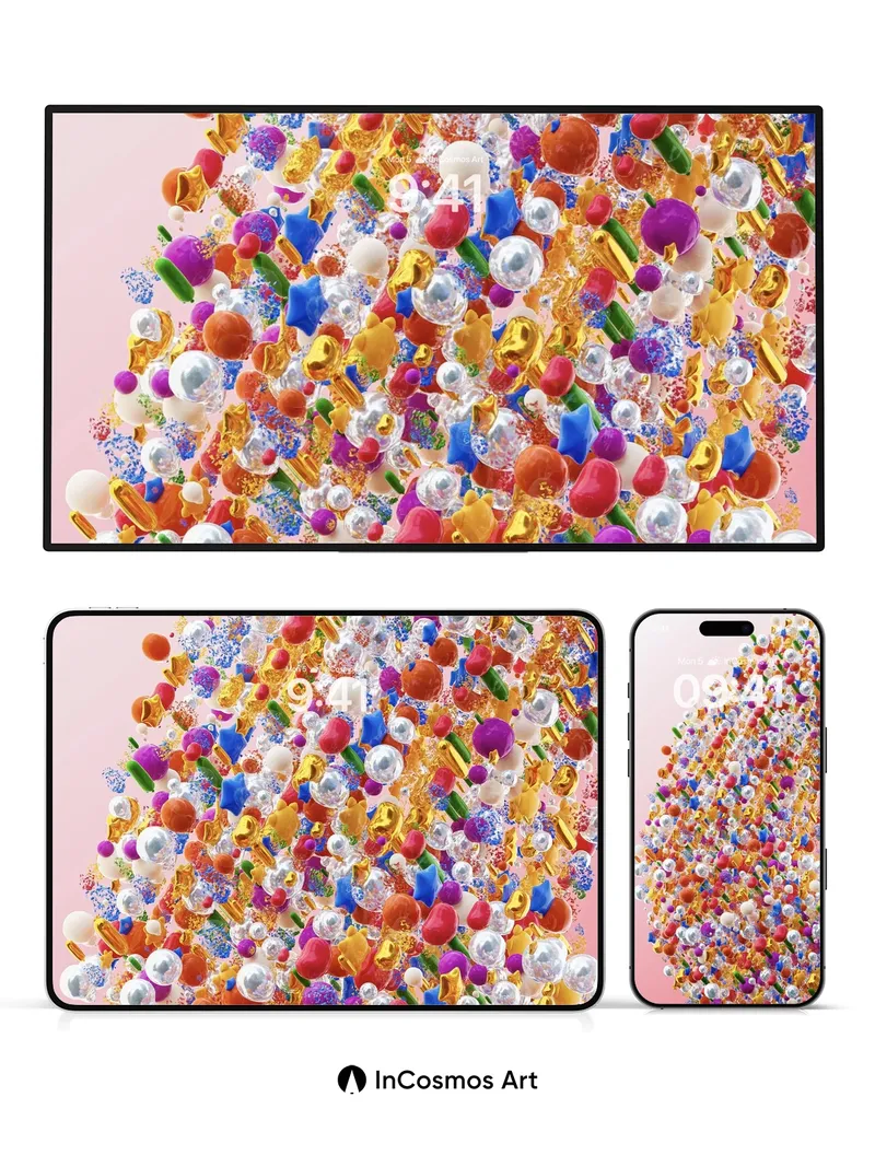 Chromatic Burst Wallpaper with Floating Jewels