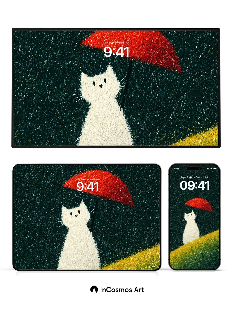 Whispering Rain Wallpaper with Red Umbrella Cat