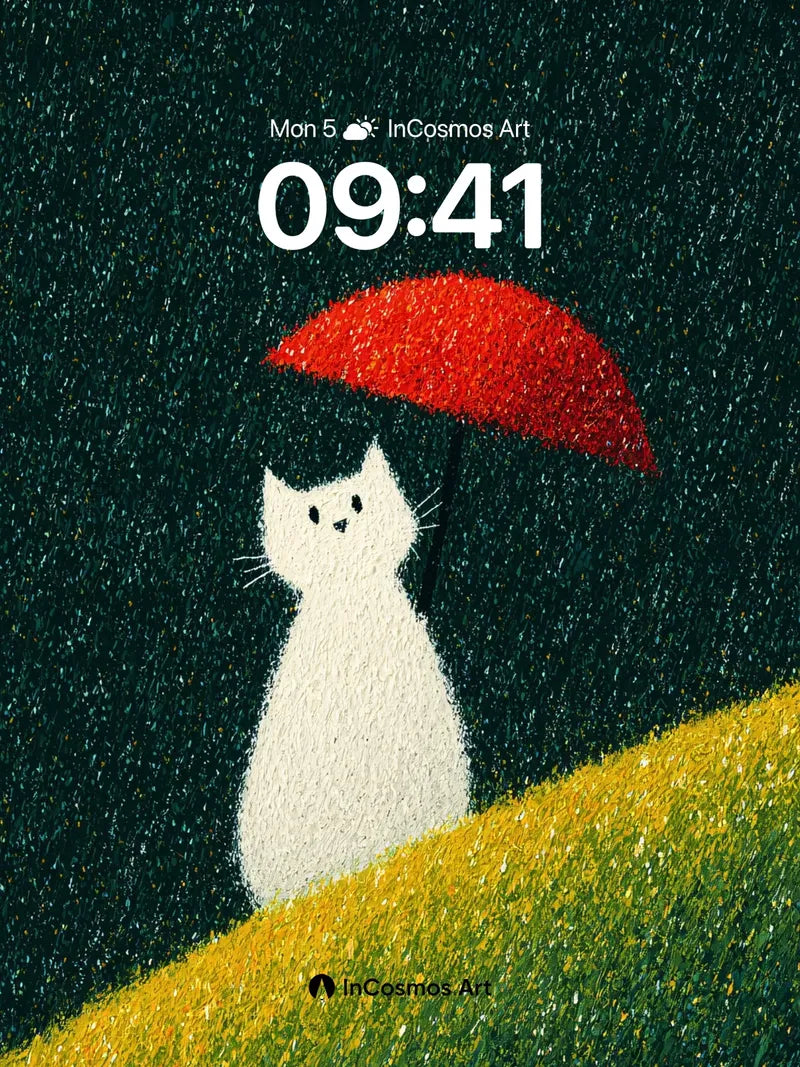 Whispering Rain Wallpaper with Red Umbrella Cat