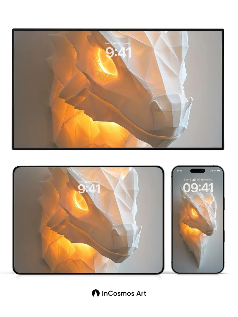 Luminous Dragon Head Wallpaper with Geometric Fire