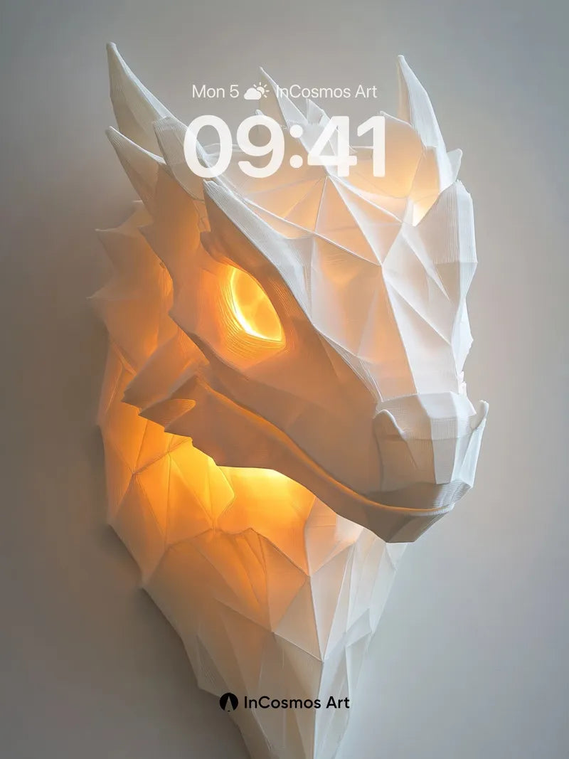 Luminous Dragon Head Wallpaper with Geometric Fire