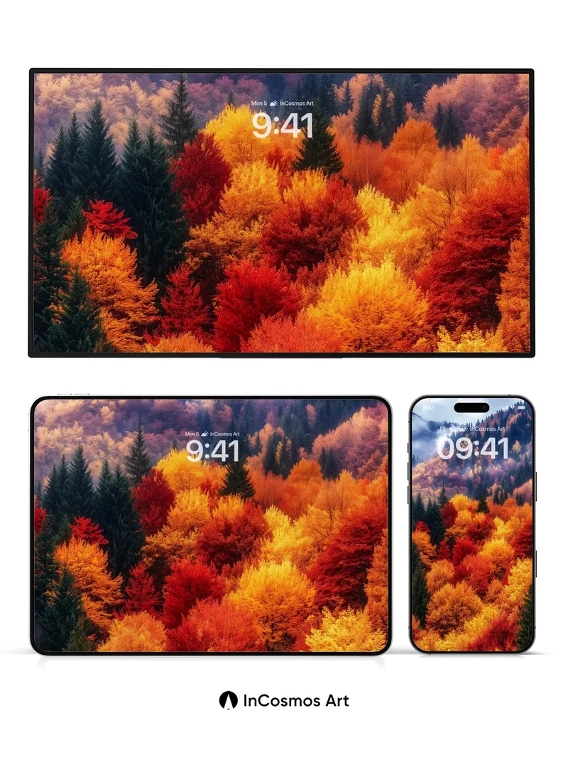 Autumn Ember Wallpaper with Mist-Crowned Peaks