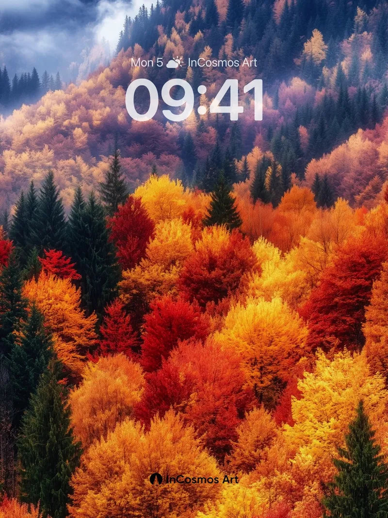 Autumn Ember Wallpaper with Mist-Crowned Peaks