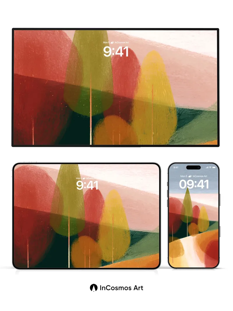 Calm Geometry Wallpaper with Floating Trees