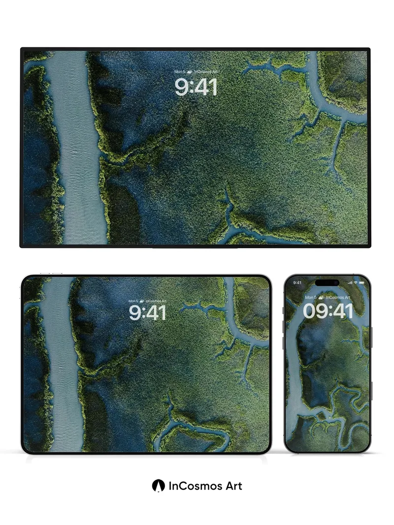 Serene Watervein Wallpaper with Living Moss Edges