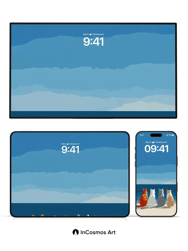 Serenity Seascape Wallpaper with Feline Silhouettes