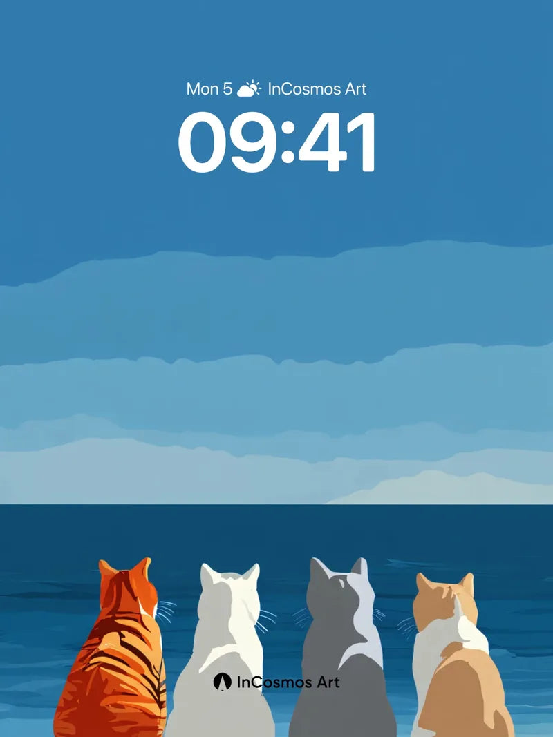 Serenity Seascape Wallpaper with Feline Silhouettes