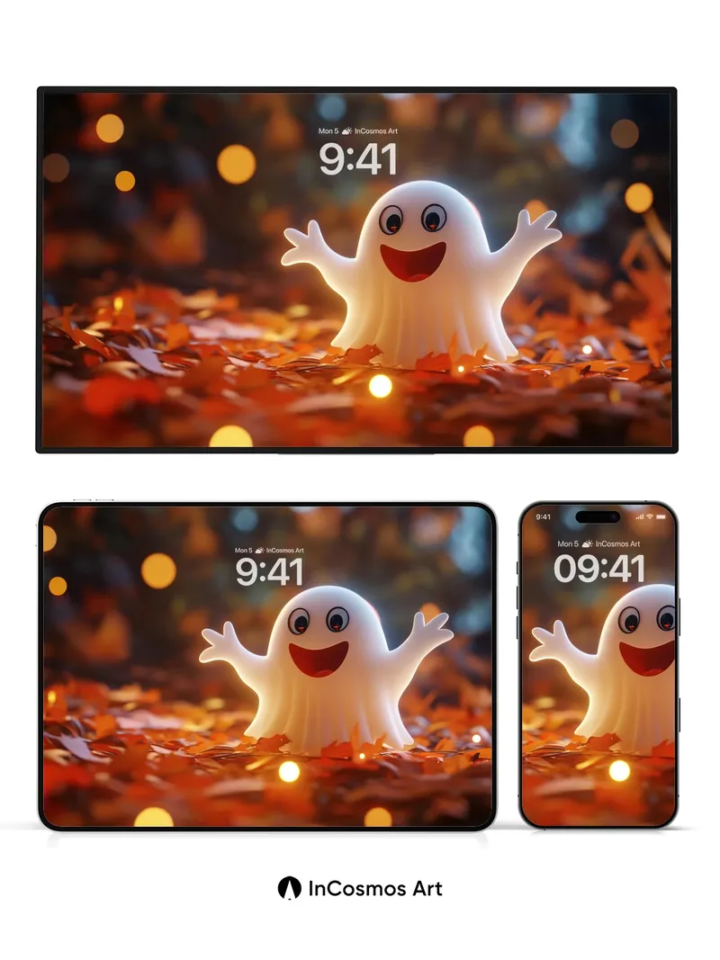 Playful Ghost Wallpaper with Autumn Leaves