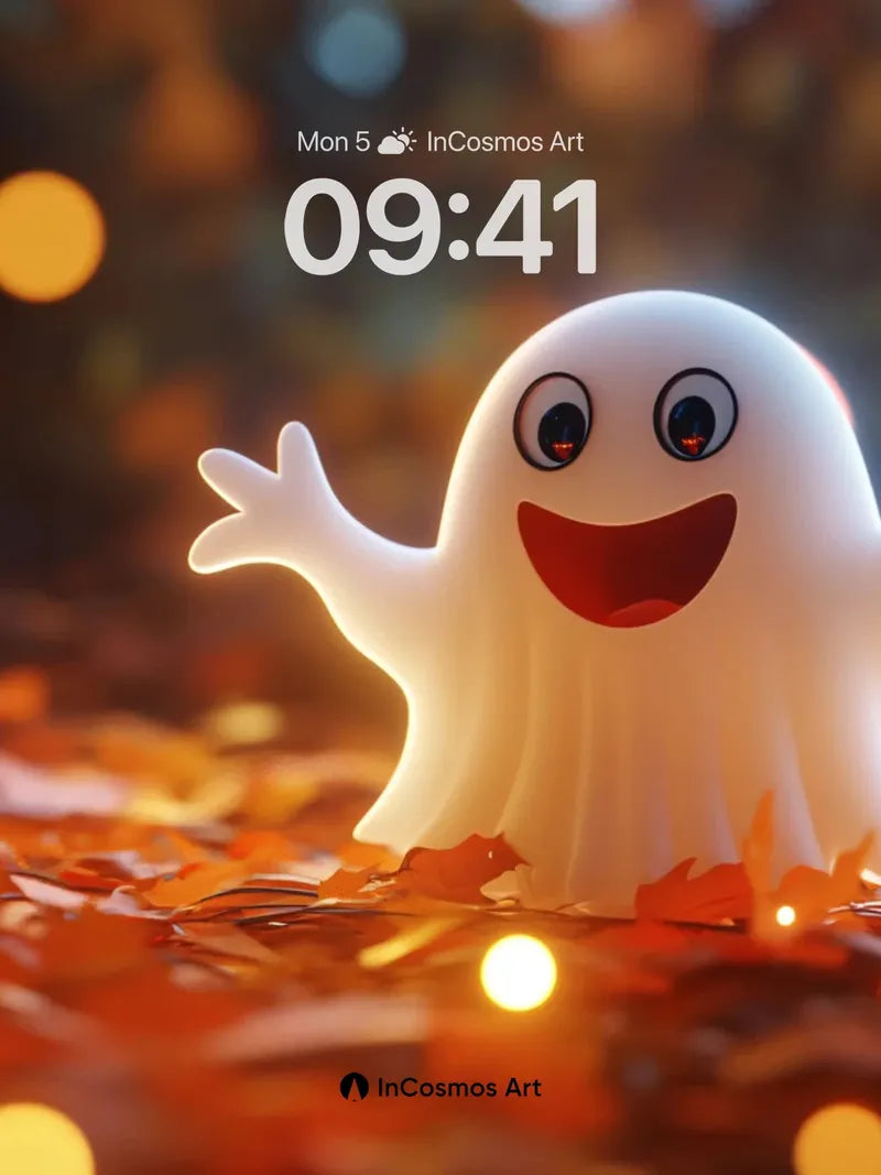 Playful Ghost Wallpaper with Autumn Leaves