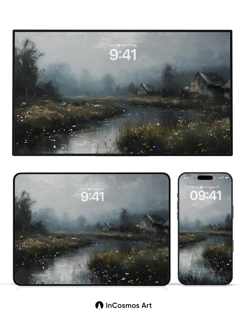 Misty River Reflection Wallpaper with Forgotten Cottages