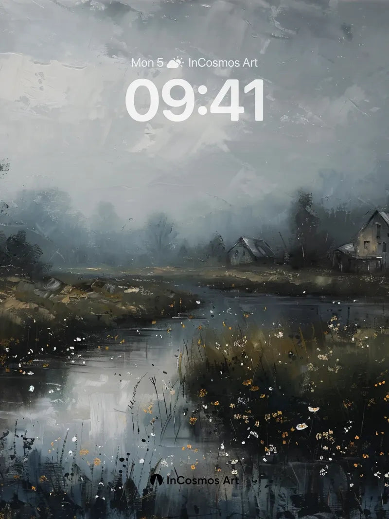 Misty River Reflection Wallpaper with Forgotten Cottages