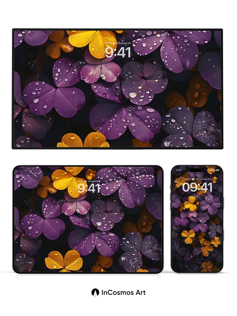 Luminous Clover Wallpaper with Dewdrop Veil