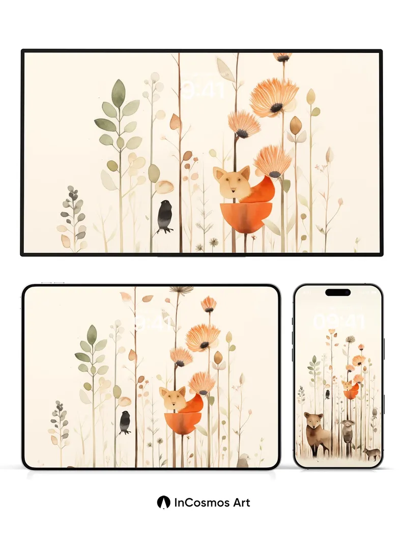 Whispering Woods Wallpaper with Foxes in Bloom