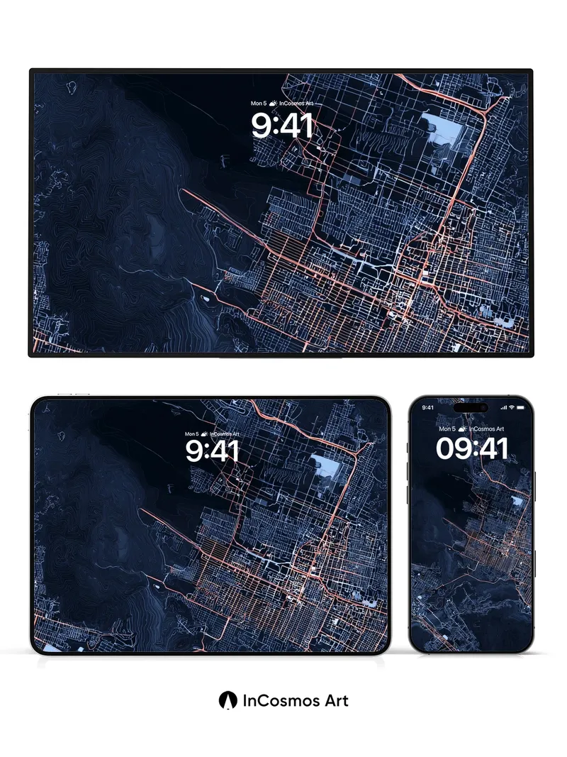 Neon Grid Wallpaper with Shadowed Terrain