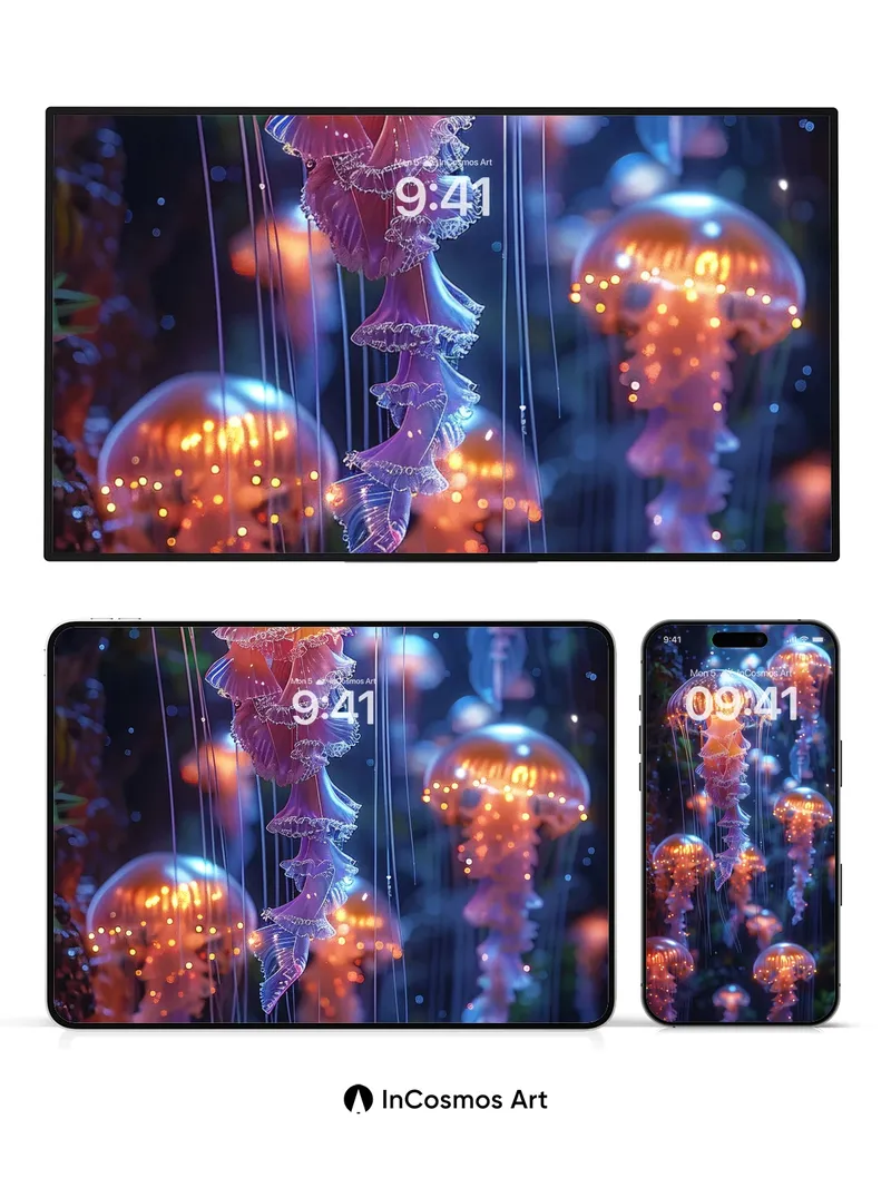 Luminous Abyss Wallpaper with Floating Bioluminescence