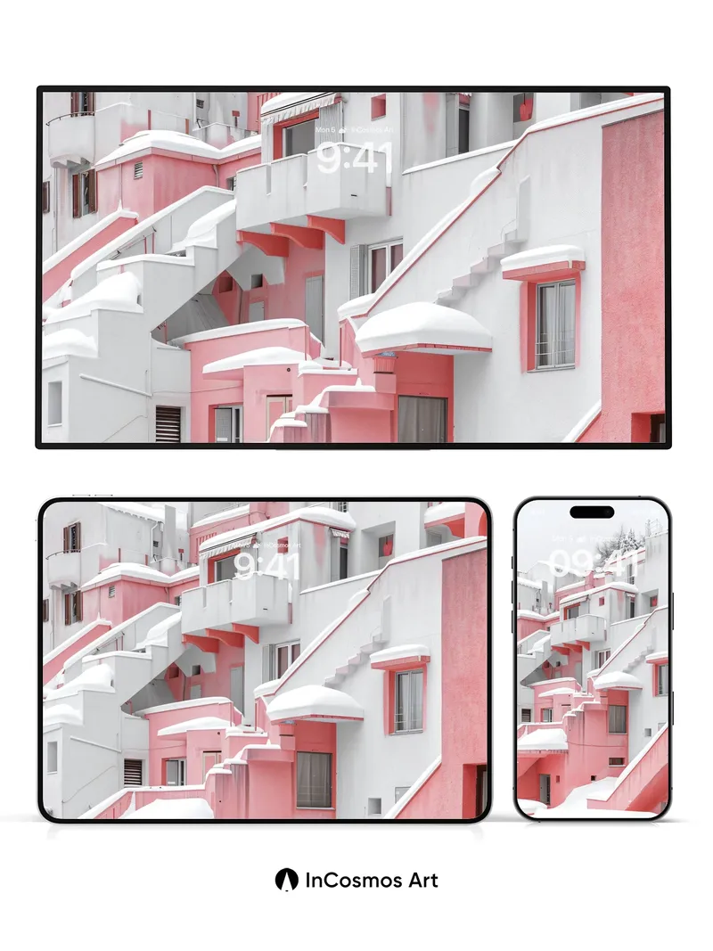 Snow-Covered Pink Steps Wallpaper with Architectural Whispers