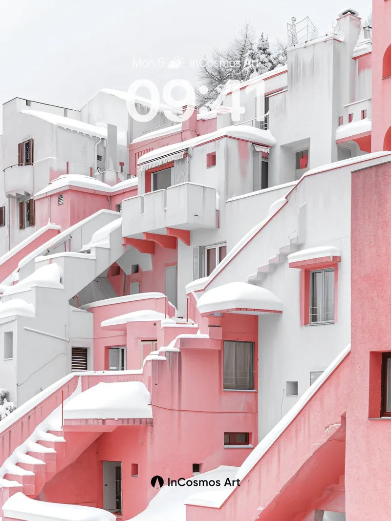 Snow-Covered Pink Steps Wallpaper with Architectural Whispers