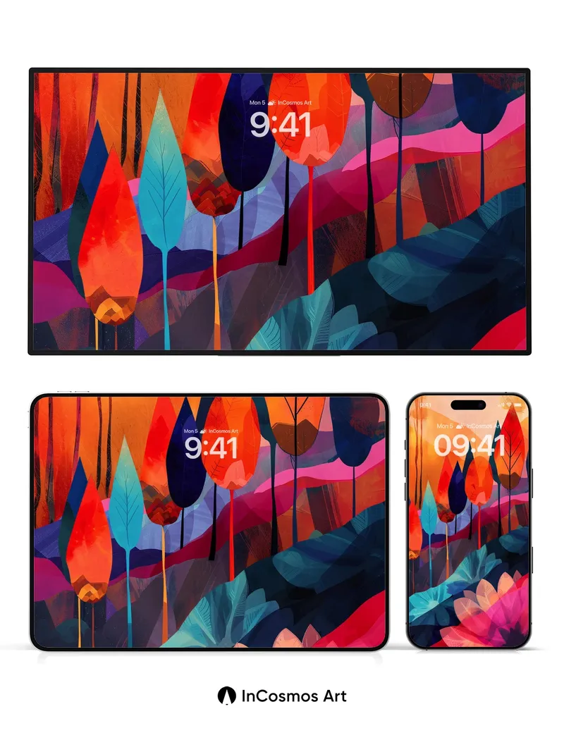 Fiery Canopy Wallpaper with Geometric Leaves