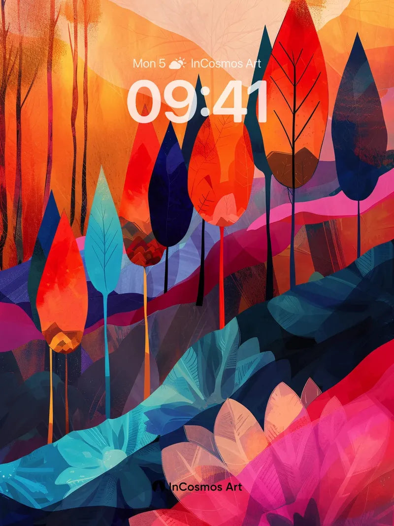 Fiery Canopy Wallpaper with Geometric Leaves