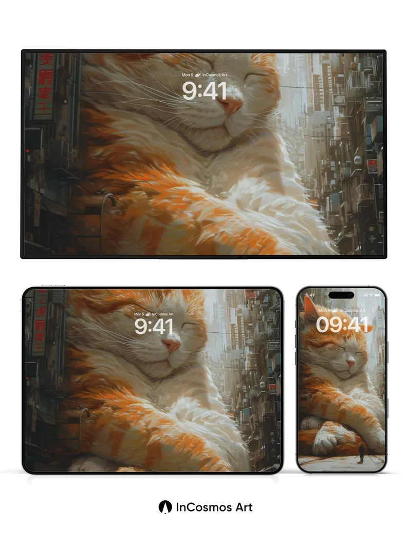 Serenity Meets Cityscape Wallpaper with Giant Cat