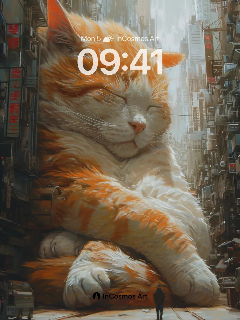 Serenity Meets Cityscape Wallpaper with Giant Cat